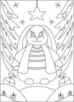 Christmas coloring book. Coloring page with rabbit. Snowflakes and Christmas trees. Present. Hare symbol of 2023. vector