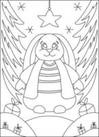 Christmas coloring book. Coloring page with rabbit. Snowflakes and Christmas trees. Present. Hare symbol of 2023. vector