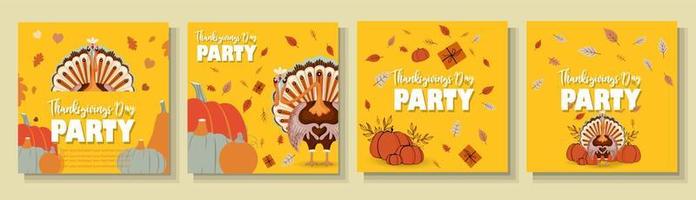 Thanksgiving party square banner set. Cool thanksgiving turkey. Party invitation. vector