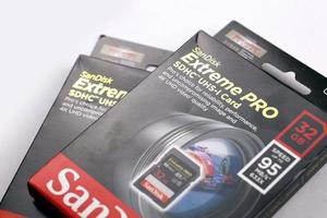 KHARKOV, UKRAINE - MAY 12, 2022 SanDisk Extreme pro sdhc 32gb new memory card for photo and video recording devices