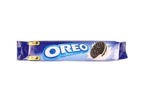 KHARKOV, UKRAINE - MAY 5, 2022 Oreo sandwich cookies box on white background. Oreo is goods manufactured by Nabisco division of Mondelez International photo