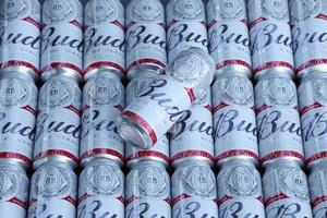 KHARKOV. UKRAINE - MAY 17, 2022 Many Cans of Budweiser Lager Alcohol Beer - Budweiser is a Brand from Anheuser-Busch Inbev photo