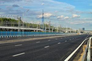 New traffic intersection road construction site. Development of transport infrastructure junction, improvement highway. Overpopulation problem. Erection overpass of northeast chord in Moscow, Russia photo