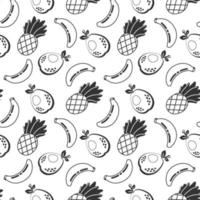 Doodle outline pineapple, banana and pear fruit seamless pattern isolated on white background. Simple vector hand drawn juicy food. Juice packaging design. Summer fabric print template.