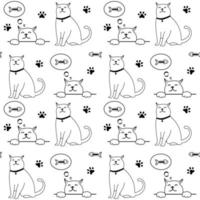 Cute cat character seamless pattern isolated on white background. Simple doodle drawing in outline style. Vector nursery wallpaper print template.