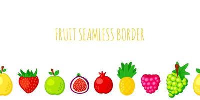 Colorful cartoon fruit icon set isolated on white background. Natural seamless border frame. Doodle simple vector summer juicy food. Juice package design element.