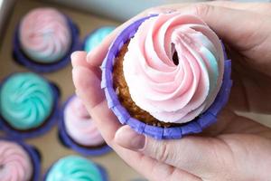 cupcake with pink and blue cream in the hands of a girl on the background of a box of cupcakes, close up photo