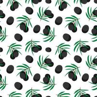 Black olives branch cartoon seamless pattern, vector illustration isolated on white background. Colorful fresh organic healthy olive oil concept. Logo branding design element. Fabric print template.