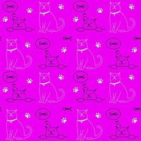 Cute cat character seamless pattern isolated on purple background. Simple doodle drawing in outline style. Vector wallpaper print template with kitty dreaming of fish.