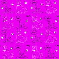 Cute cat character seamless pattern isolated on purple background. Simple doodle drawing in outline style. Vector wallpaper print template with kitty dreaming of fish.