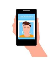 aplicación de reconocimiento facial en línea en el teléfono inteligente. concepto de identificación en línea del cliente. ilustración web en estilo plano aislado sobre fondo blanco. teléfono en la mano. vector