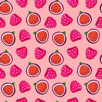 Colorful cartoon raspberry and figs fruit seamless pattern isolated on white background. Doodle simple vector juicy food. Juice packaging design. Summer fabric print template.