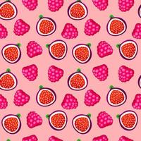 Colorful cartoon raspberry and figs fruit seamless pattern isolated on white background. Doodle simple vector juicy food. Juice packaging design. Summer fabric print template.