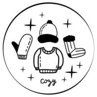 acogedor conjunto de iconos de ropa de invierno. suéter de fideos planos, sombrero, mitones, calcetines aislados en fondo blanco. paño cálido de temporada de diciembre, clip art de hygge vectorial. vector