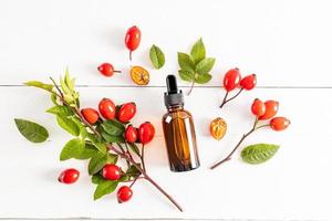 organic remedy or serum based on rosehip seeds for the care of fading skin of the face and body. natural seed oil. white background. Top view. photo