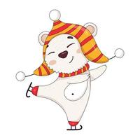 Cute polar bear in a knitted winter hat with pom-poms and a scarf is skating vector