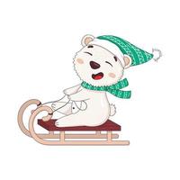 Cute polar bear in a knitted winter hat with pom-poms and a scarf is sledding vector