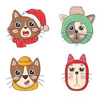 Bundle of cute heads of Christmas cats in knitted hats with pom-poms and scarves vector