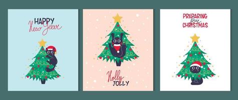 paquete de tarjeta de navidad, pancarta o plantilla de póster con árbol de navidad y lindo gato negro y letras de navidad vector