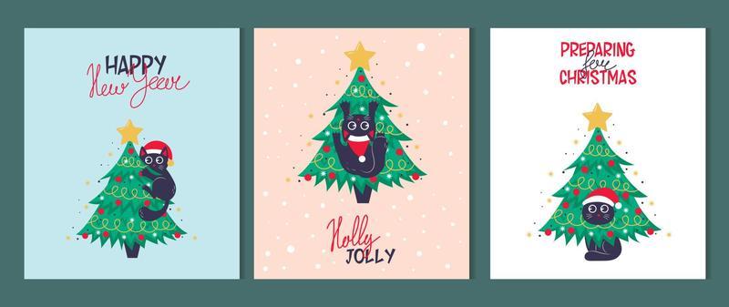 Bundle of Christmas card, banner or poster template with christmas tree and cute black cat and christmas lettering
