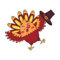 Cartoon funny turkey bird waving a pilgrim hat vector