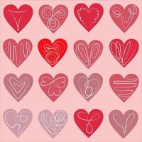 Set vector hearts of love with contours, lines, doodles. Hearts with patterns for Valentine's Day.