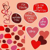 Set for Valentine's Day love phrases, red and pink hearts, a pattern of spots. vector