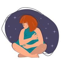 Sleepless girl sitting on the floor and hugging pillow vector