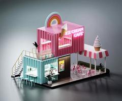 Isometric view minimal Ice cream cafe restaurant container store exterior architecture, 3d rendering digital art. photo