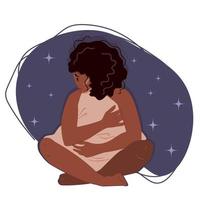 Sleepless girl sitting on the floor and hugging pillow vector