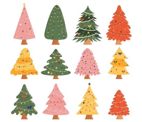 Collection of Christmas trees with decorations. Christmas and New Year celebration concept. Good for greeting card, invitation, banner, web design.