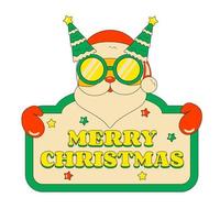Cute Santa Claus in Sunglasses with Christmas Tree Holding Sign Merry Christmas Greeting Decorative Element in Retro Groove Style vector