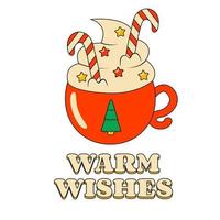 Christmas Coffee with Cream and Candy in a Red Mug with Christmas Tree Decorative Element in Retro Groovy Style vector