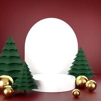 Representación 3d bola de navidad y árbol de navidad sobre fondo rojo foto