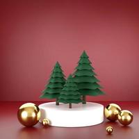 Representación 3d bola de navidad y árbol de navidad sobre fondo rojo foto
