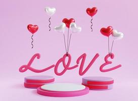 3d render valentine podium display background with love balloon photo