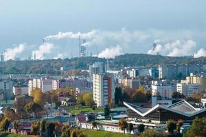 aerial panoramic view on smoke of pipes of chemical enterprise plant. Industrial landscape environmental pollution waste plant. Air pollution concept. photo