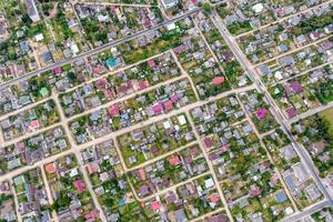 vista aérea panorámica del desarrollo privado con casas de campo o pueblo foto