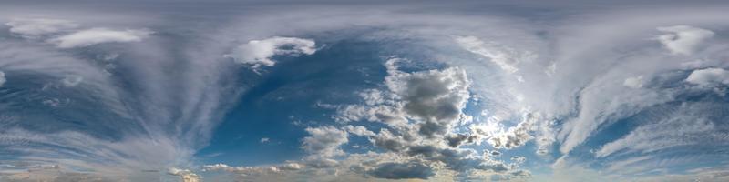 blue sky with beautiful clouds as seamless hdri 360 panorama view with zenith for use in 3d graphics or game development as sky dome or edit drone shot photo