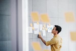 Young Asian Businessman Working in Office Meeting Room. Concentrate on Document Note at the Wall. Man Analyzing Data Plans and Project photo