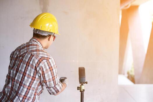 Worker in  measuring wall with laser leveler at construction site, Engineers at work checking construction building project with laser level machine during measurement work on site photo