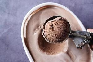 hand picking ice cream with a spoon from a bowl photo