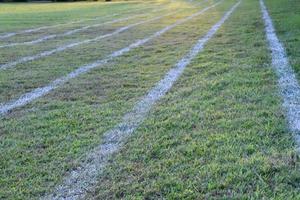 Outdoor white lines on grass field for practisting running at school in long distance area of Thaland. photo
