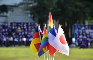 Rainbow flags and flags of many countries in front of green grasslawn of asian school, concept for celebration of lgbtq genders in pride month around the world, soft and selective focus. photo