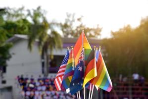 Rainbow flags and flags of many countries in front of green grasslawn of asian school, concept for celebration of lgbtq genders in pride month around the world, soft and selective focus. photo