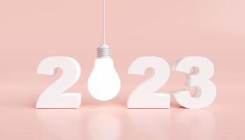 Bright light bulbs and year 2023, concept of creativity, inspiration and planning goals for new year, happy new year greeting cards. with copy space 3D rendering illustration photo