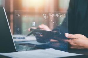 Businessman entering document management system and data files,through security encryption,with cybersecurity technology,Connecting computer network that requires a password and identity verification photo