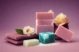 Rose beauty treatment items for spa procedures essential oils, soap and sea salt. photo