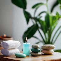 Beauty treatment items for spa procedures on white wooden table with green plant. massage stones, essential oils and sea salt with burning candle photo