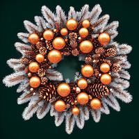 Christmas wreath made of pine branches and golden ornaments. photo